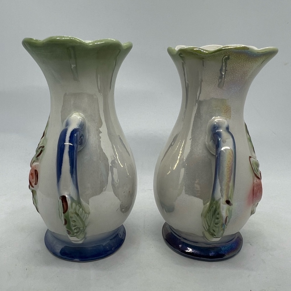 Vintage Pair of Double Handled Lusterware Floral Vases. Made in Brazil - Picture 3 of 8